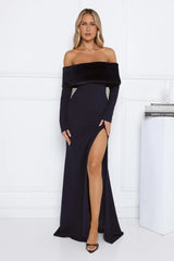 Glow In The Snow Faux Fur Off Shoulder Maxi Dress Navy