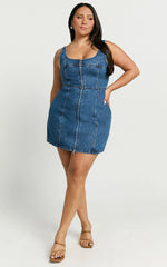 Chrysoula Mini Dress Square Neck Zip Front Sleeveless Bodycon Denim in Mid Blue Wash