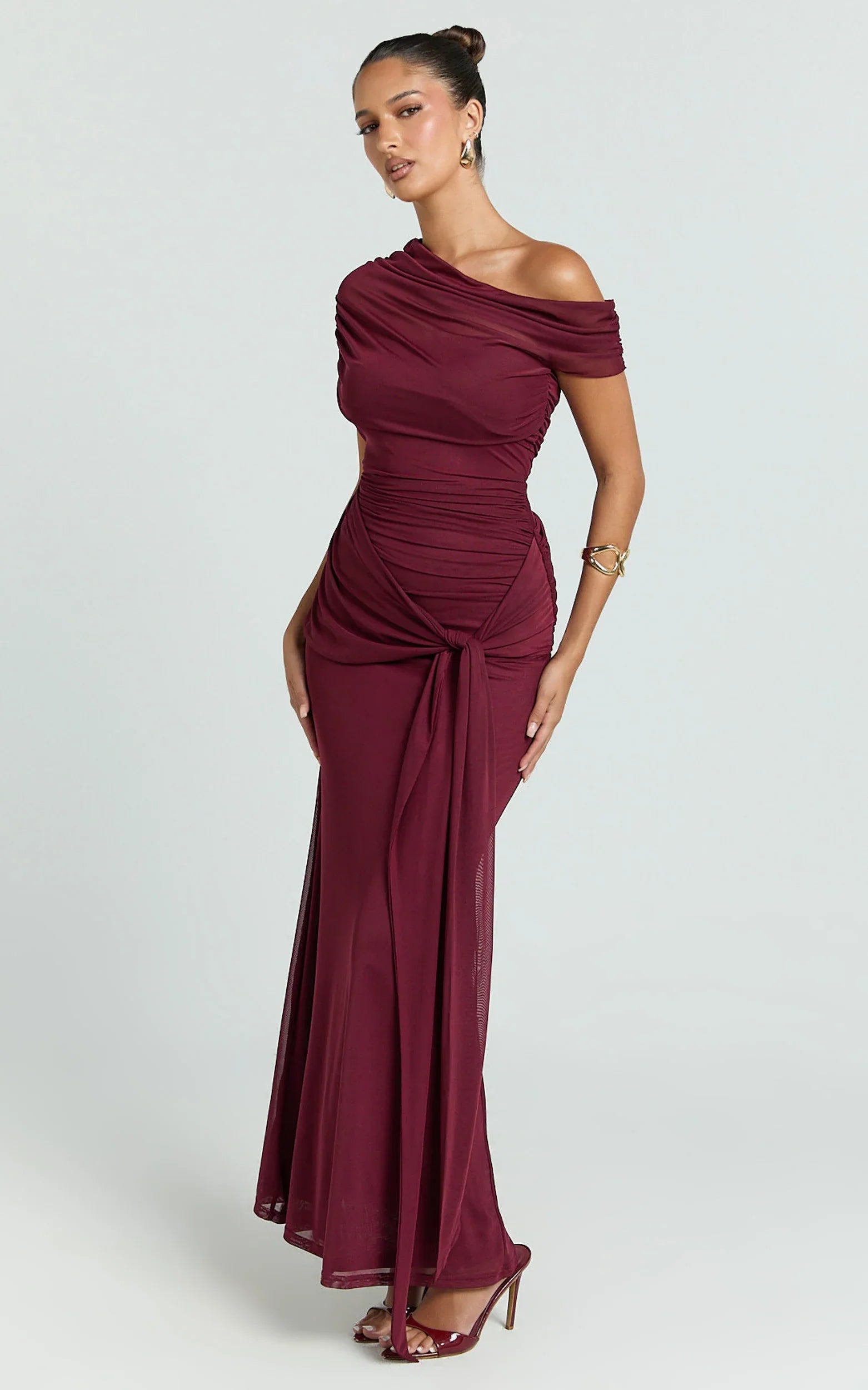 Nicolette Maxi Dress Cape Sleeve Off Shoulder Dress in Wine