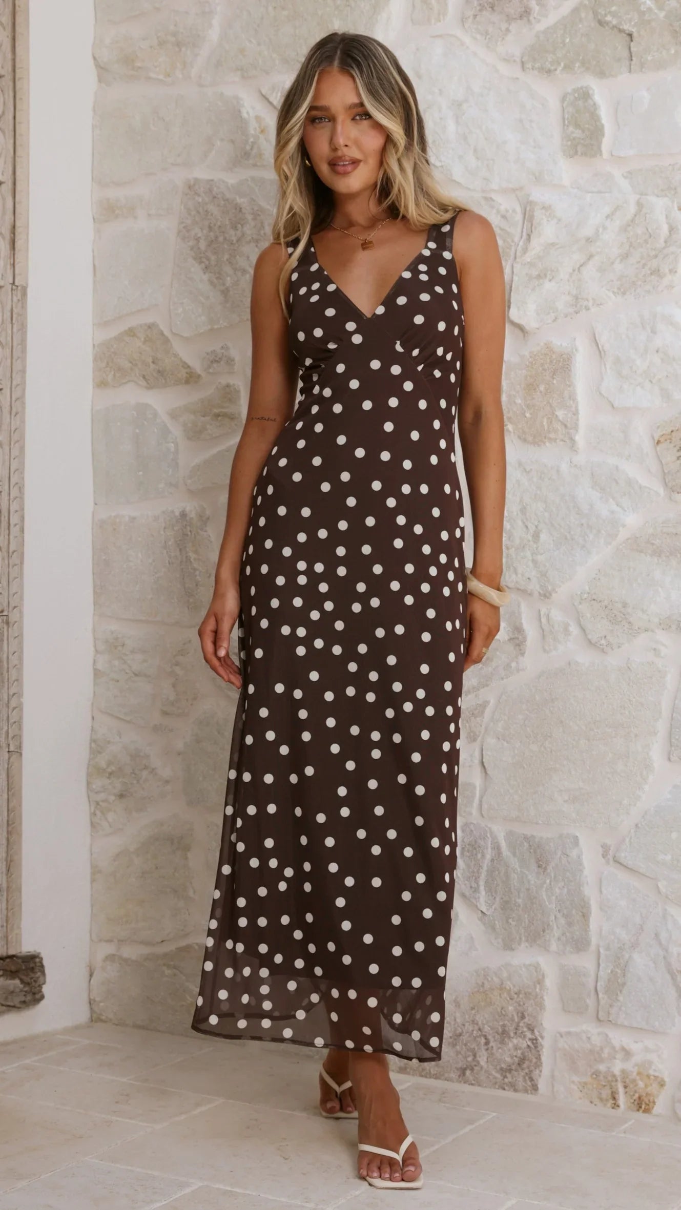 Cassara Maxi Dress Chocolate White Polka Dot