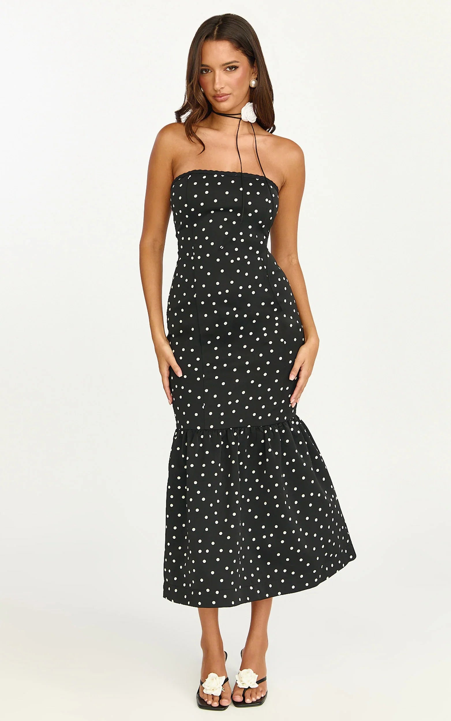 Seraphina Midi Dress Polka Dot Strapless Lace Neck Gathered Mermaid Skirt Dress in Black Polka Dot