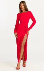 Vivienne Maxi Dress Boat Neck Long Sleeve Rosette Detail Dress in Red