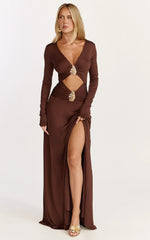 Sahara Maxi Dress Long Sleeve Cut Out Gold Trim Dress in Chocolate