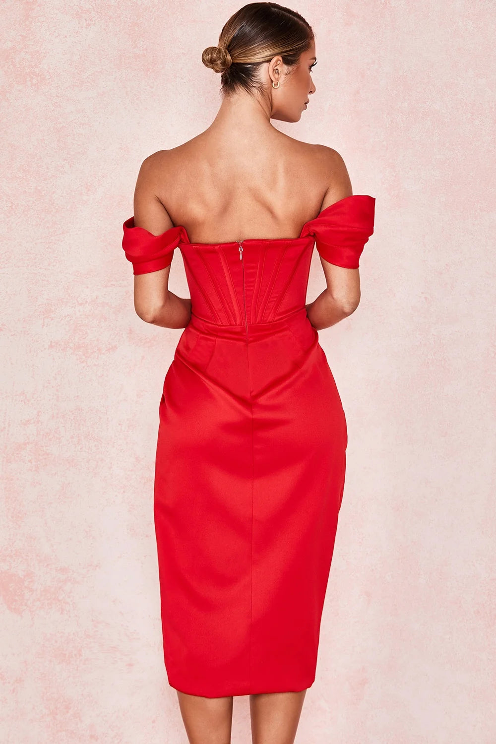 red satin off shoulder dress