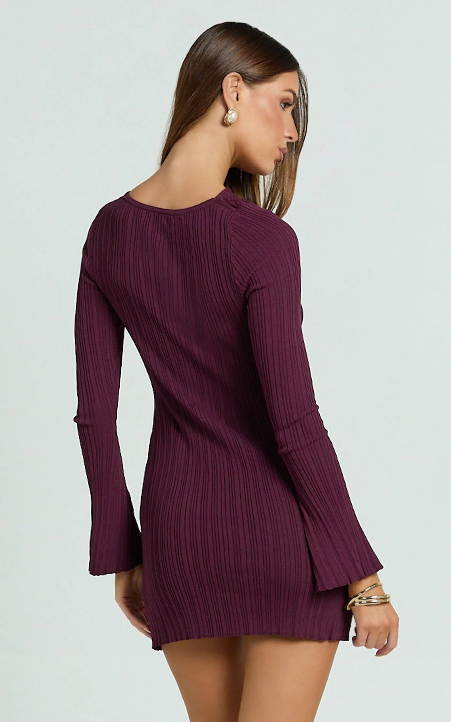 Zoya Mini Dress Long Sleeve Bodycon Dress in Wine