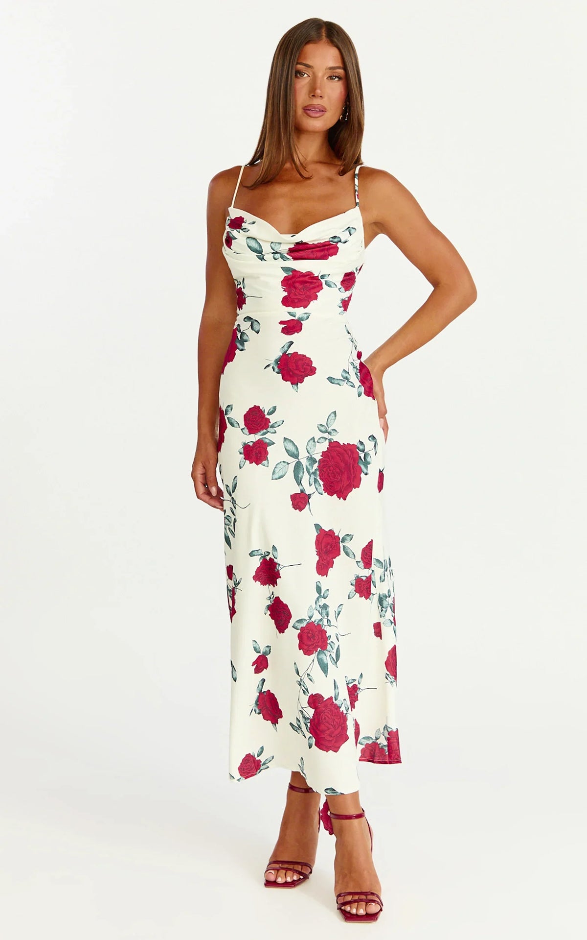 Dahlia Midi Dress Cowl Neck A Line Dress in Scarlet Rose Print
