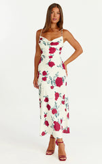 Dahlia Midi Dress Cowl Neck A Line Dress in Scarlet Rose Print