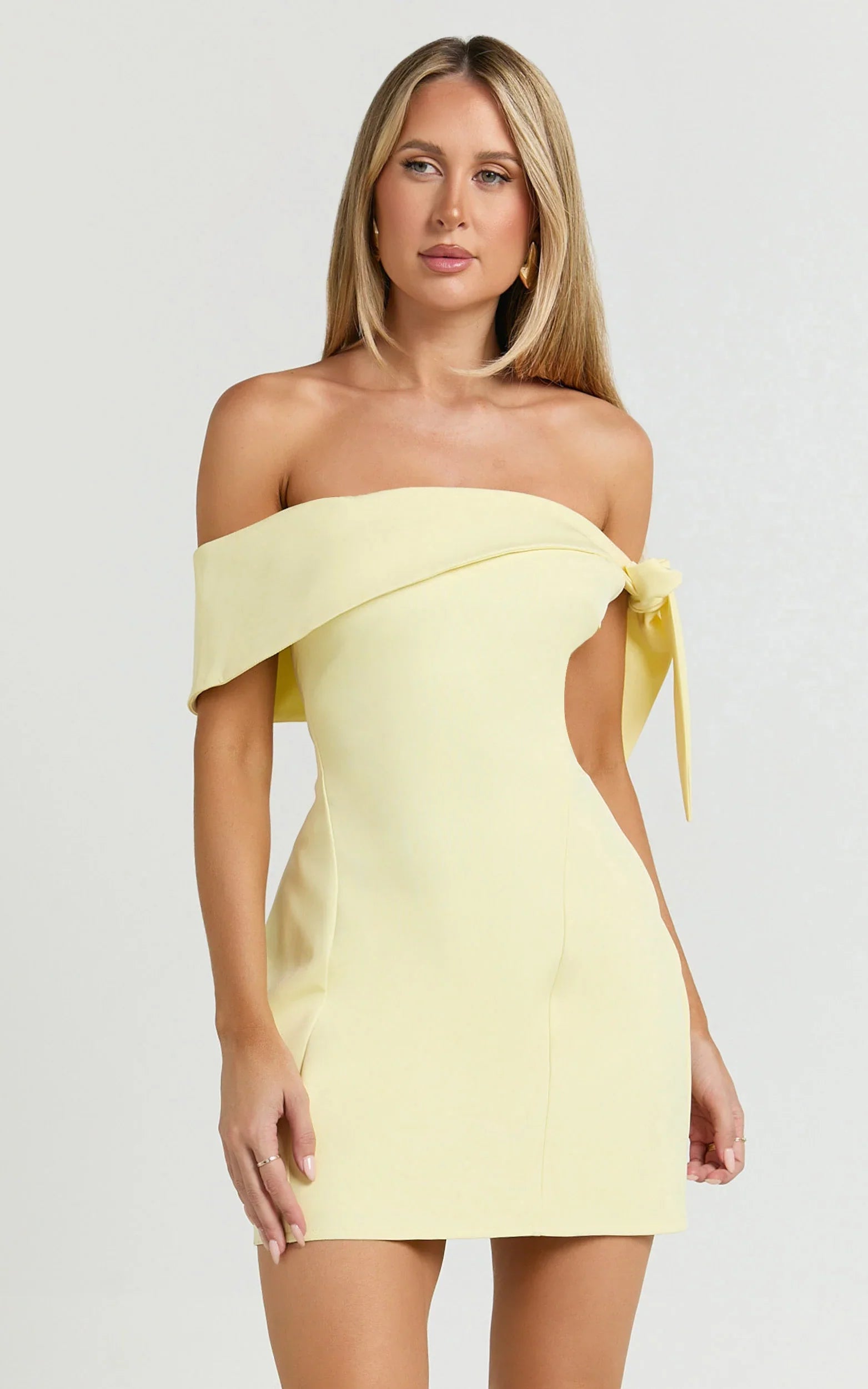 Cecilia Mini Dress Off Shoulder Tie Detail Dress in Lemon