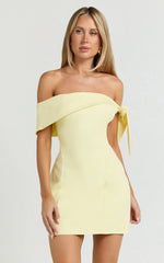 Cecilia Mini Dress Off Shoulder Tie Detail Dress in Lemon