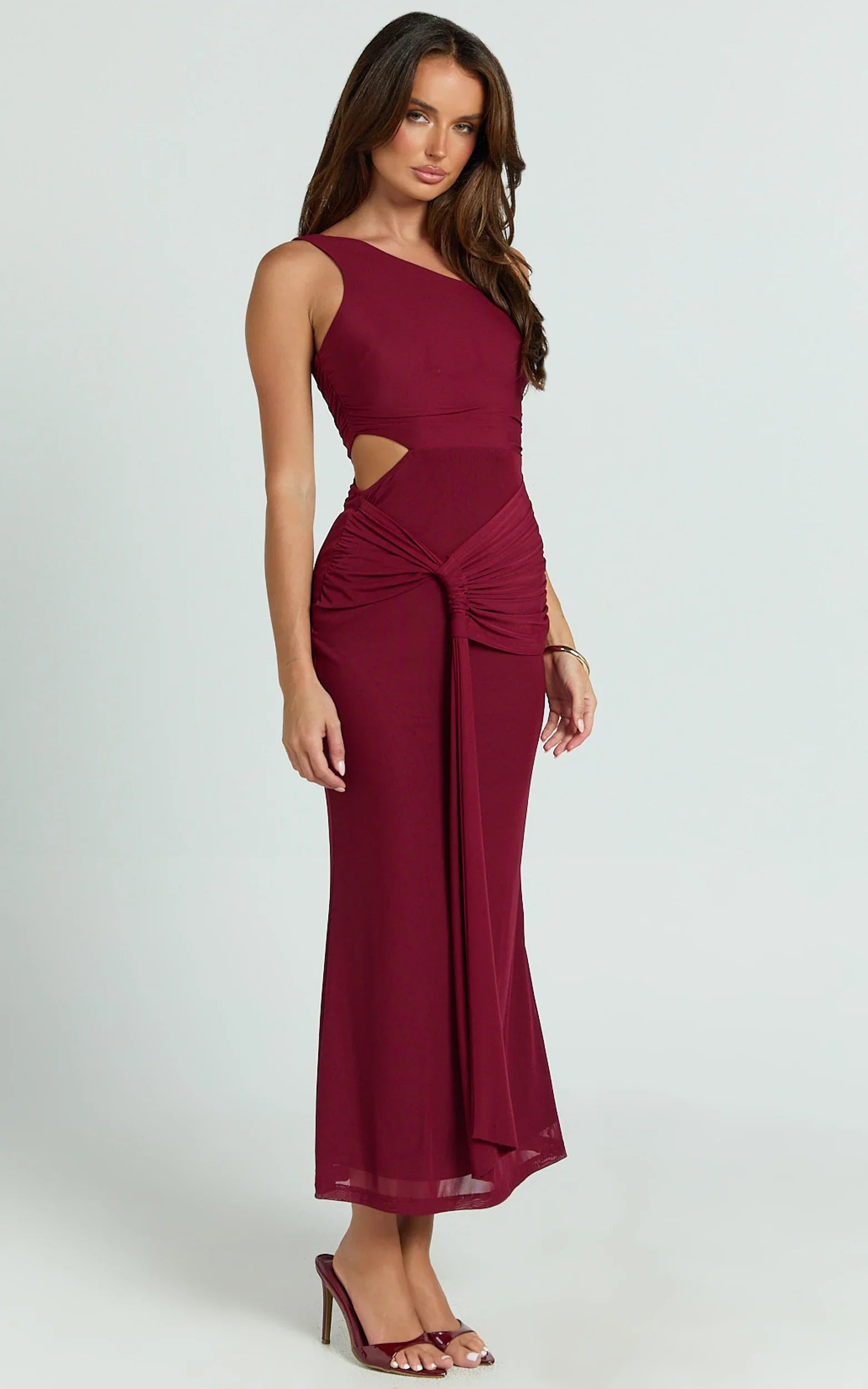 Mandy Midi Dress Knot Detail Cut Out Mesh Dress in Wine