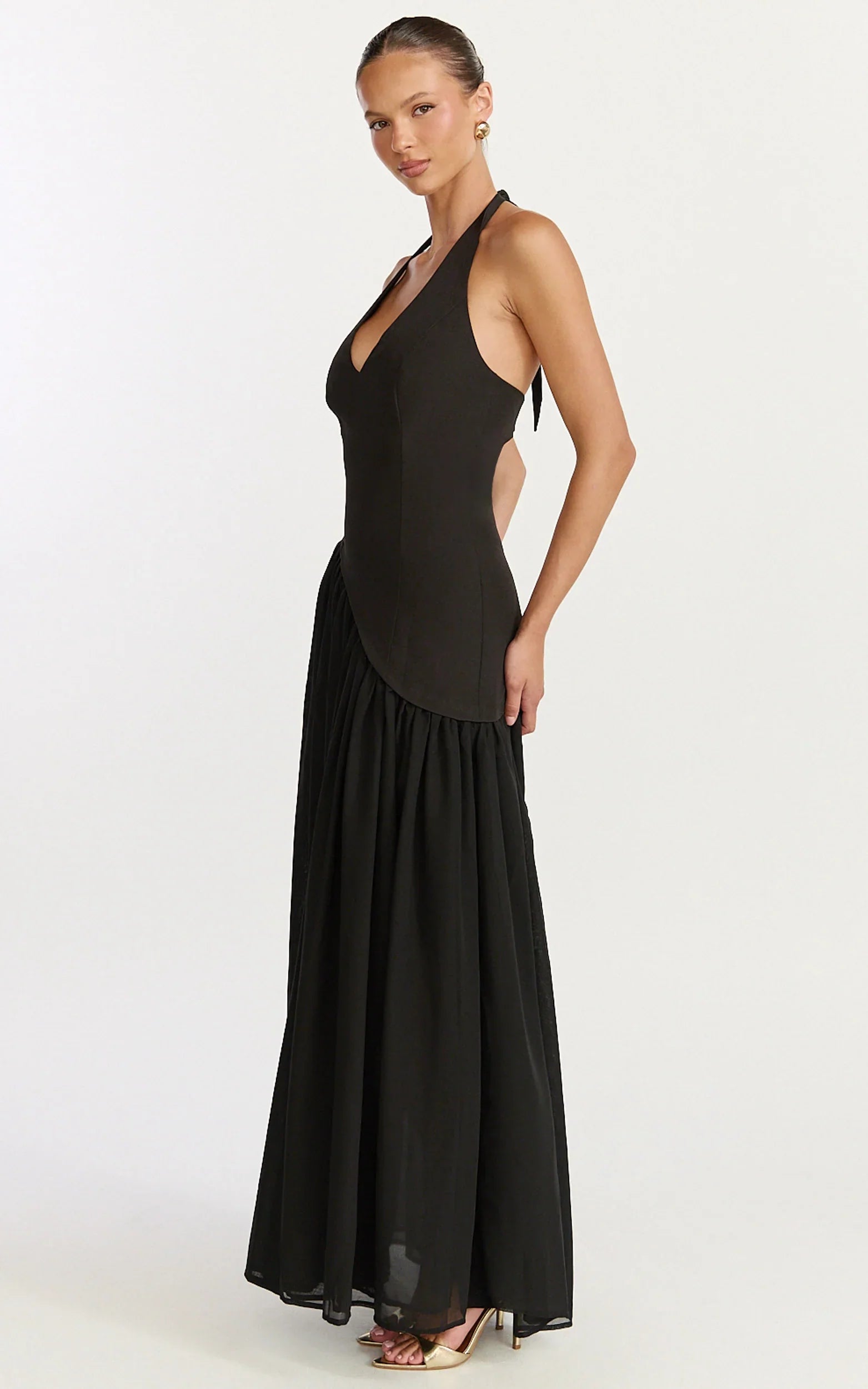 Calla Maxi Dress Halter Neck Asymmetric Dropped Waist Dress in Black