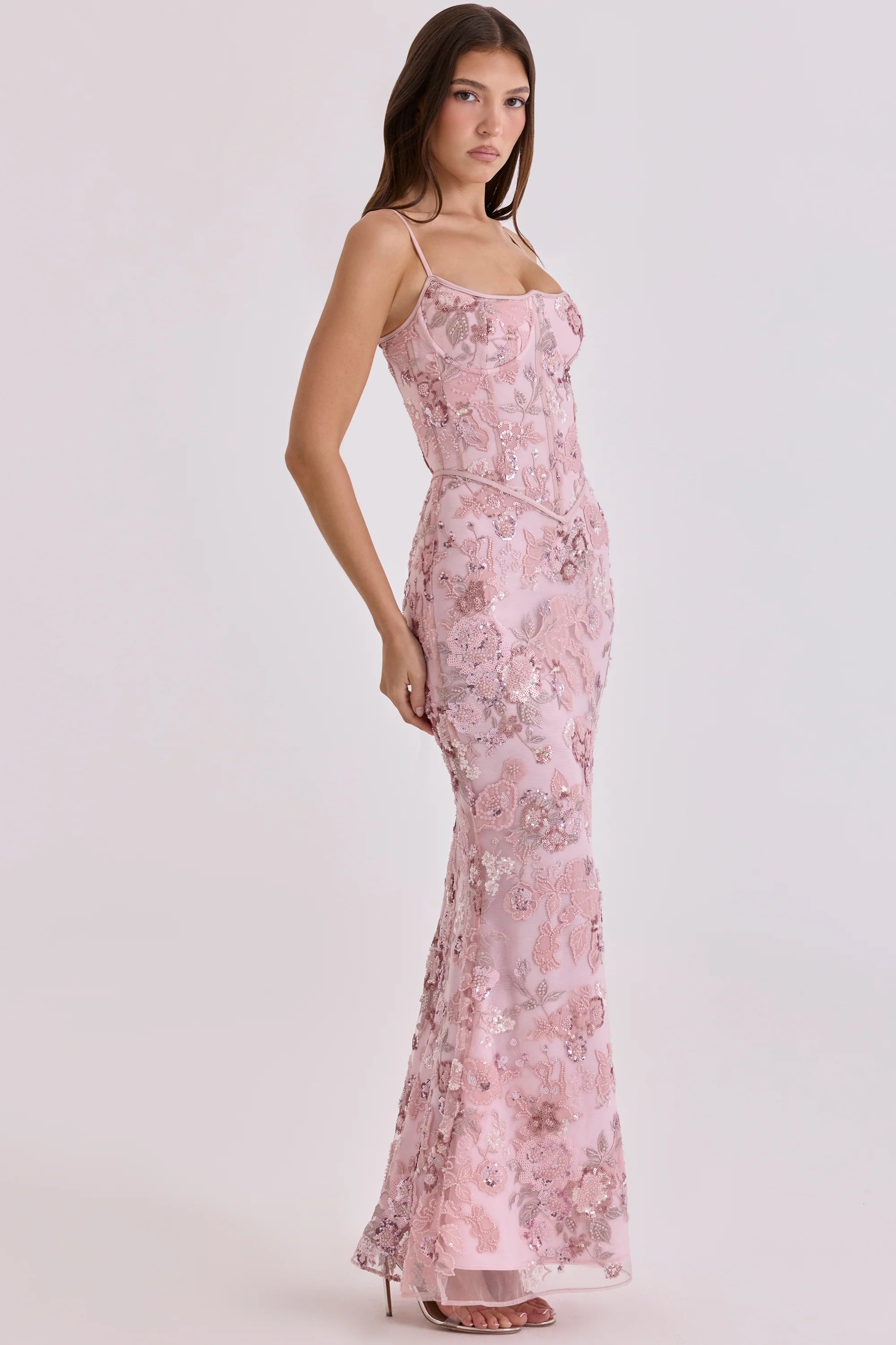 pink hand beaded embellished corset maxi dress limited edition