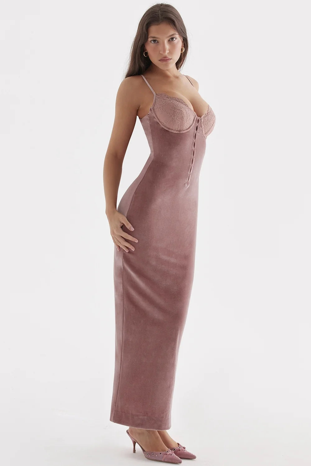 soft pink velvet midi dress