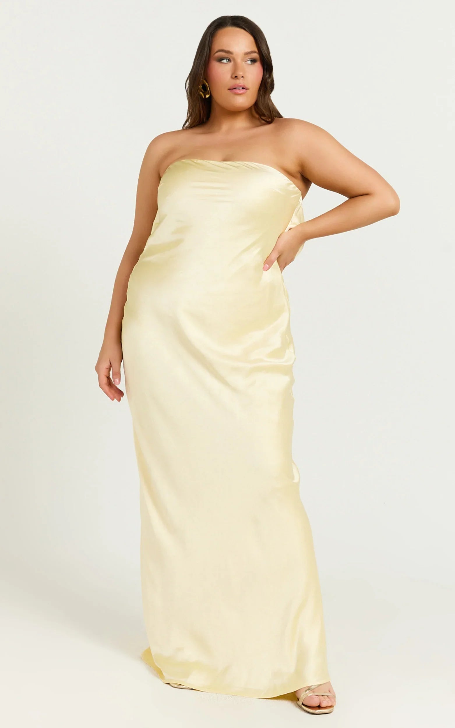 Charlita Maxi Dress Strapless Cowl Back Satin Dress in Butter Yellow