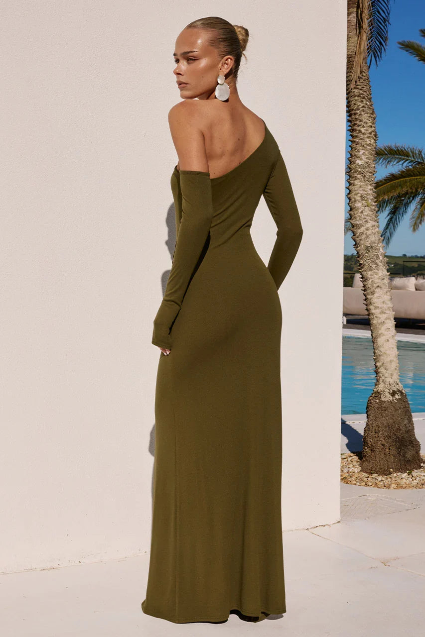 BIANCA ONE SHOULDER MAXI DRESS ARMY GREEN