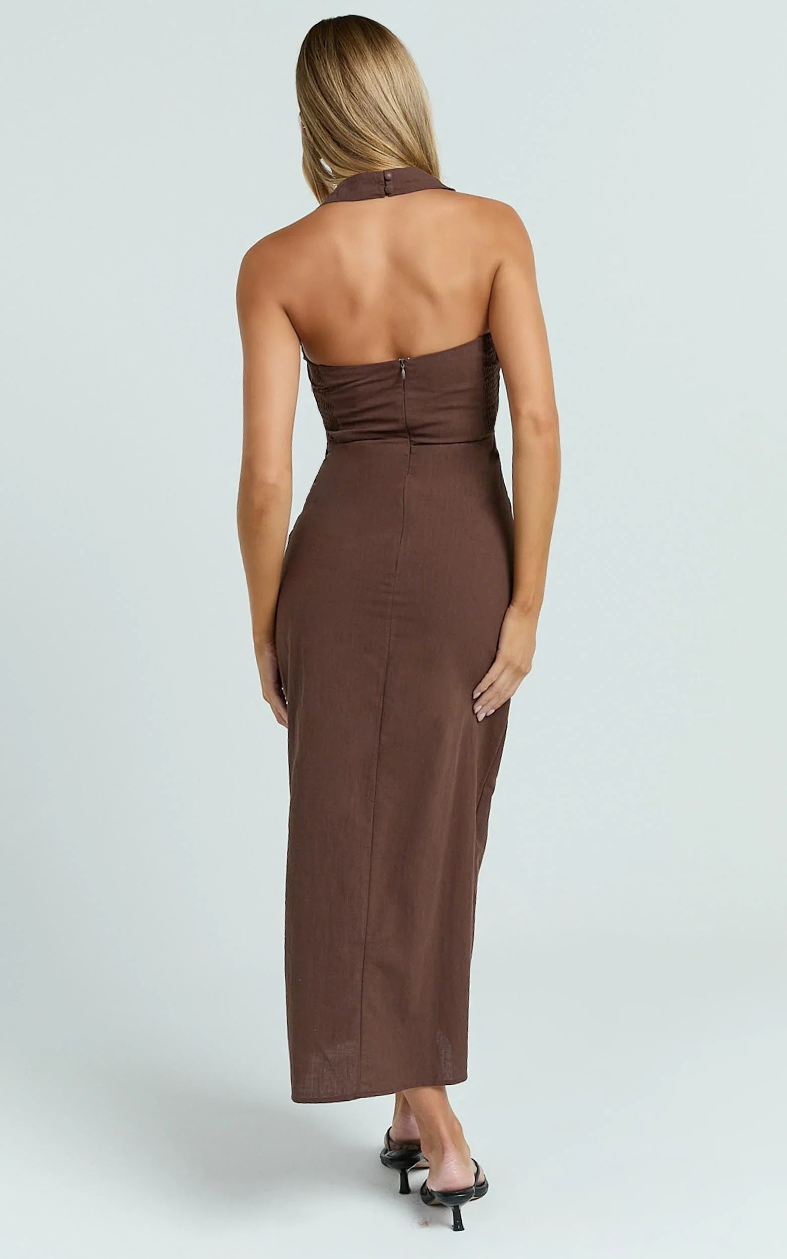 Murray Midi Dress Deep U Halter Neck Dress in Chocolate