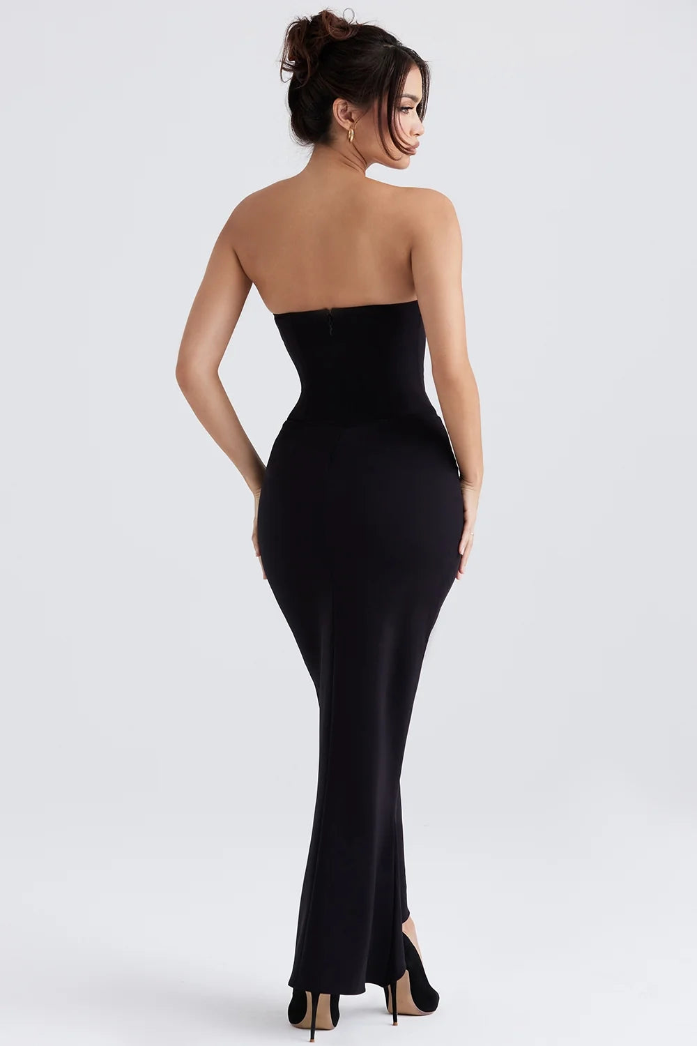 black crepe strapless corset dress