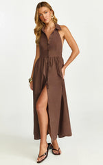 Ruby Midi Dress Collared Button Down Gathered Waist Skirt Fit And Flare Dress in Dark Chocolate