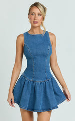 Vera Mini Dress Boat Neck Drop Waist Fit And Flare Denim Dress in Mid Blue Wash