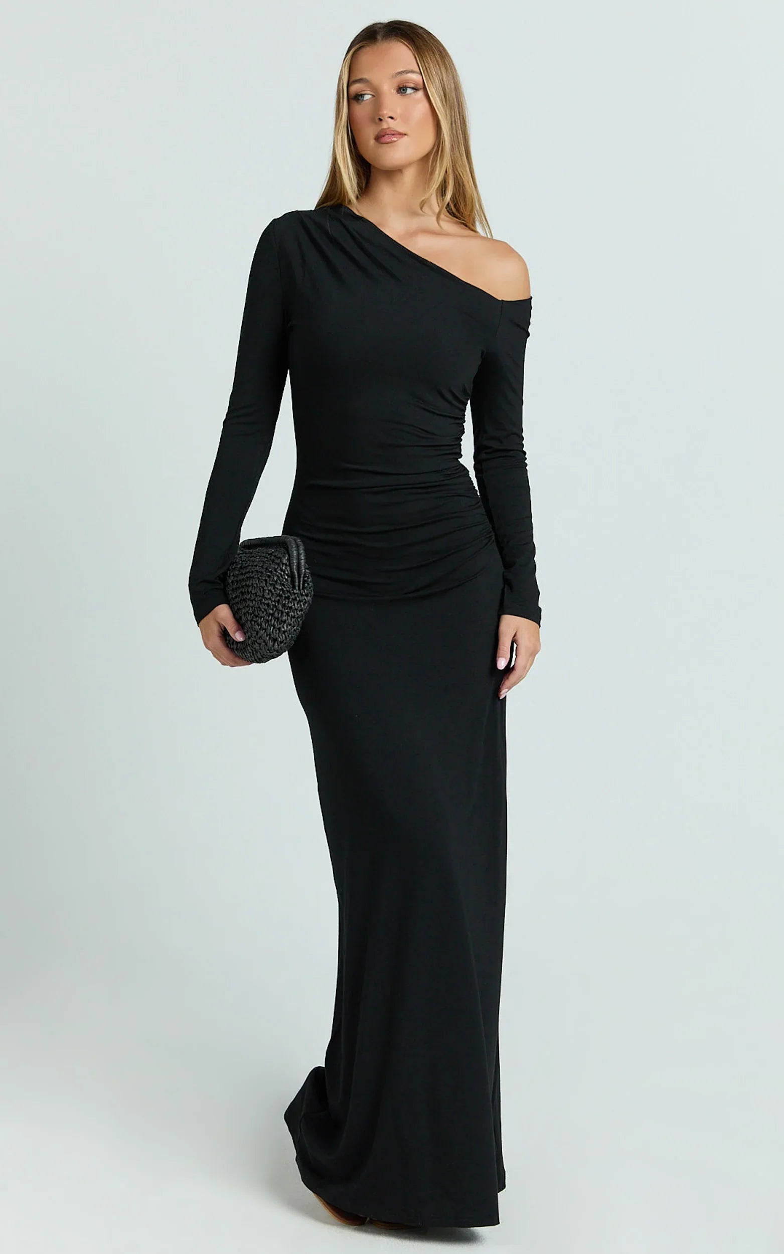 Milly Maxi Dress Asymmetrical Off Shoulder Long Sleeve Side Ruching Maxi Dress in Black