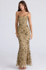 olive bronze hand beaded embellished corset maxi dress limited edition