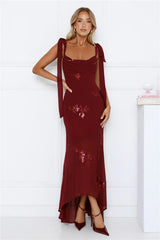 Flirty Sequin Embroidered High Low Maxi Dress Maroon