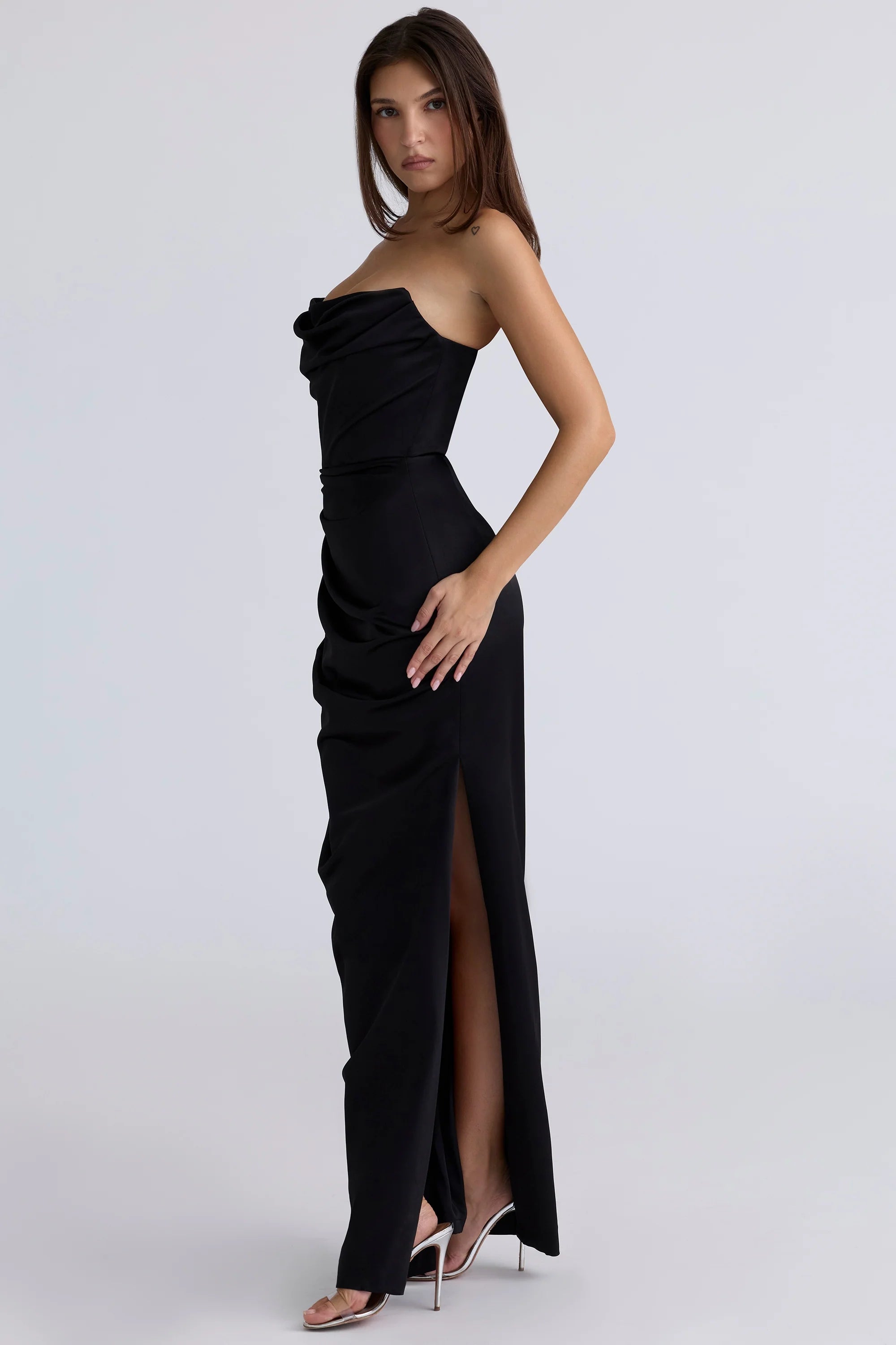 black satin strapless corset maxi