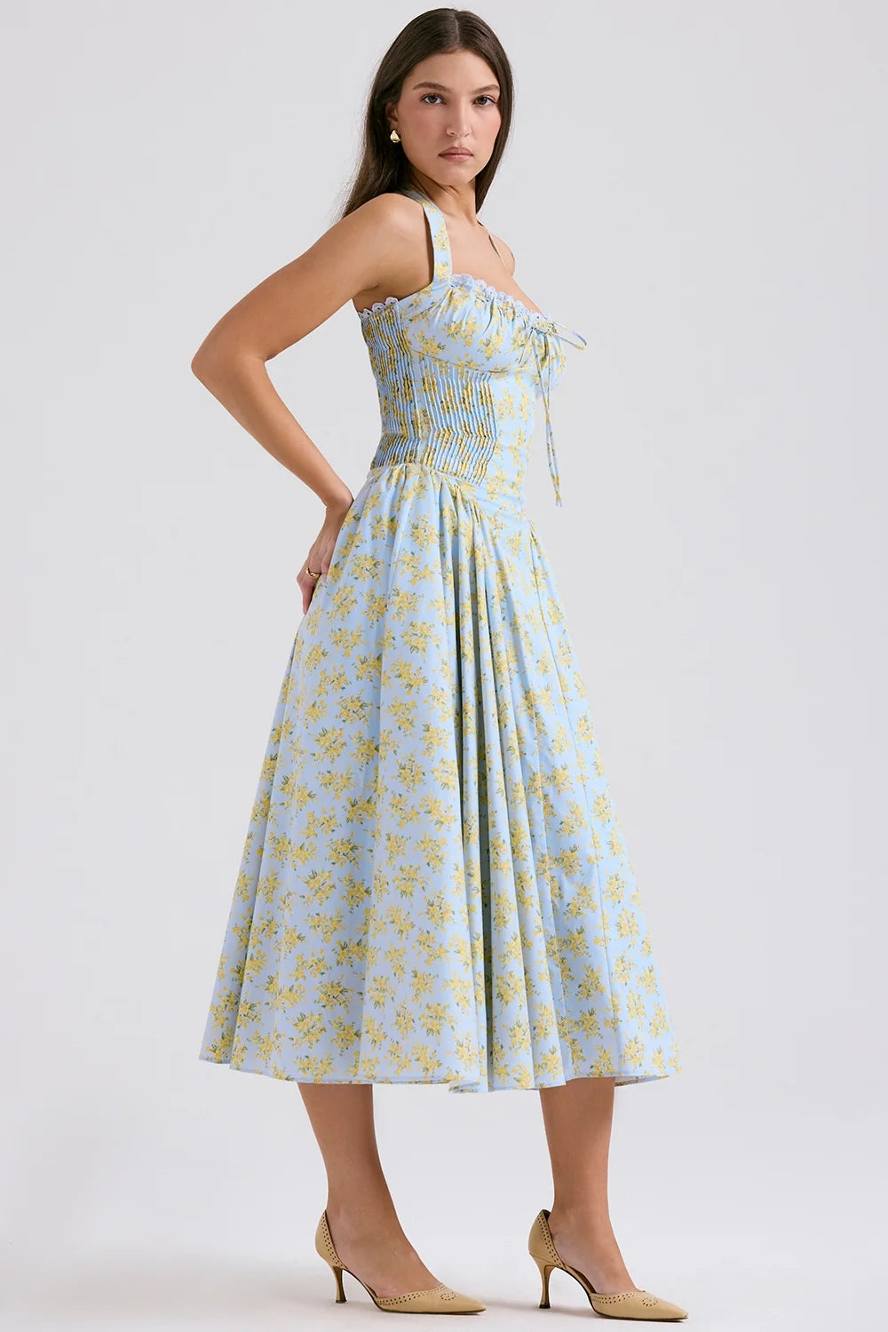 soft blue vintage floral print cotton halter sundress