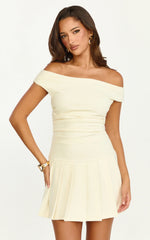 Daisy Mini Dress Off Shoulder Ruched Pleated Skirt Dress in Cream