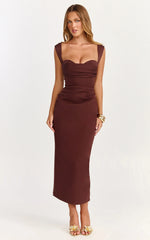 Kenna Maxi Dress Gathered Bust Tucked Waist Dress in Chocolate