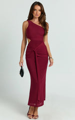 Mandy Midi Dress Knot Detail Cut Out Mesh Dress in Wine