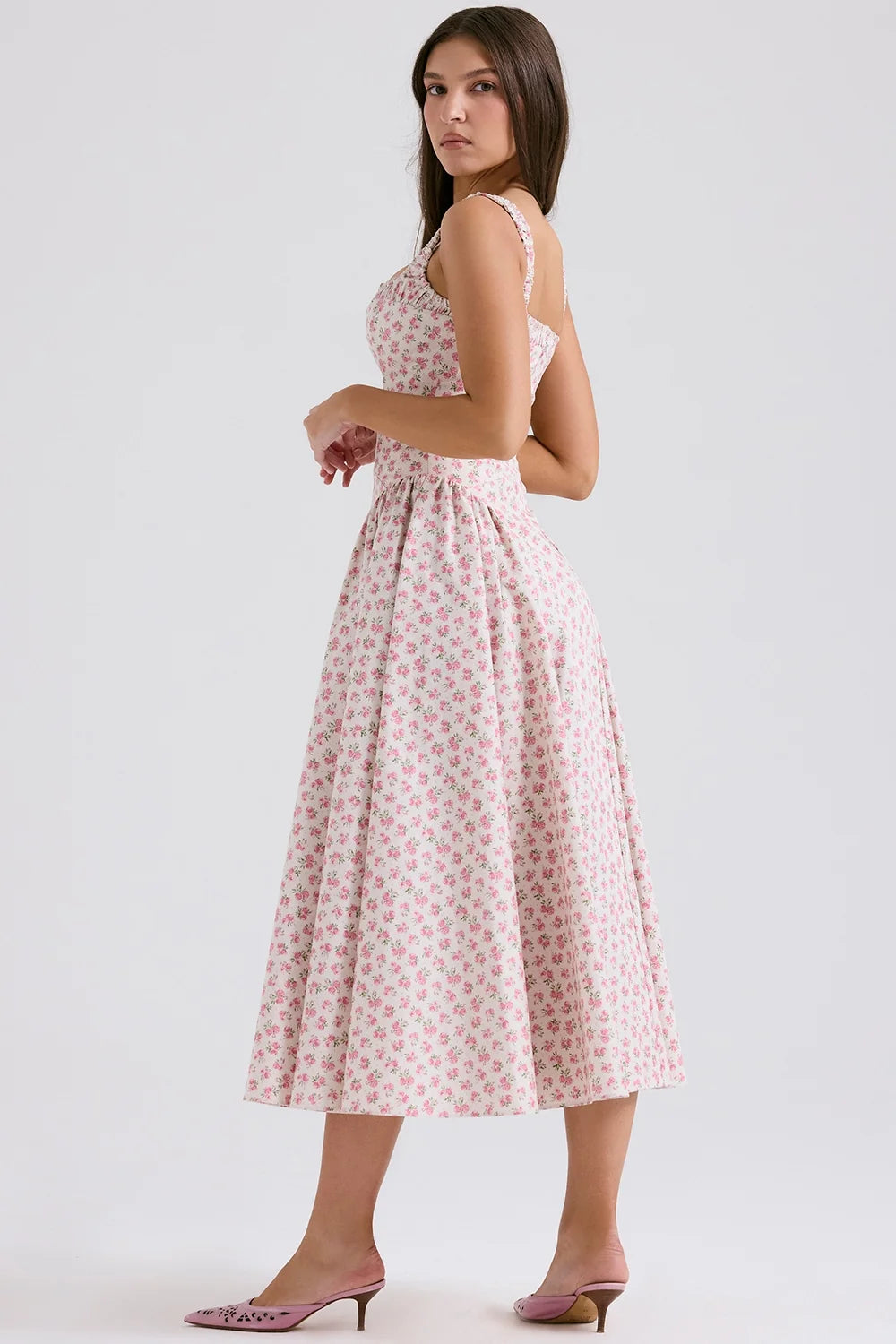 white rosebud print cotton midi sundress