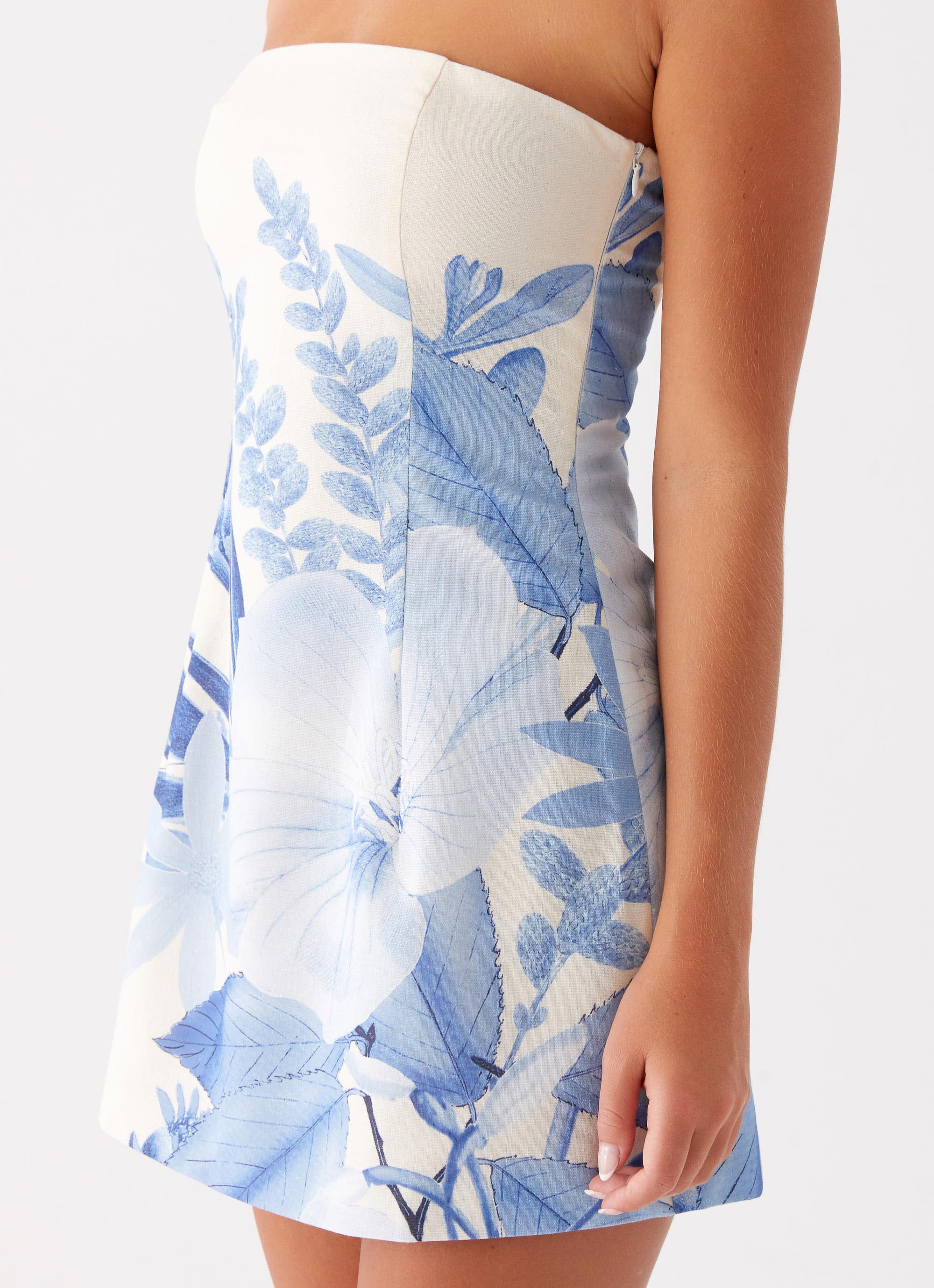 Denby Strapless Mini Dress Blue Floral Print