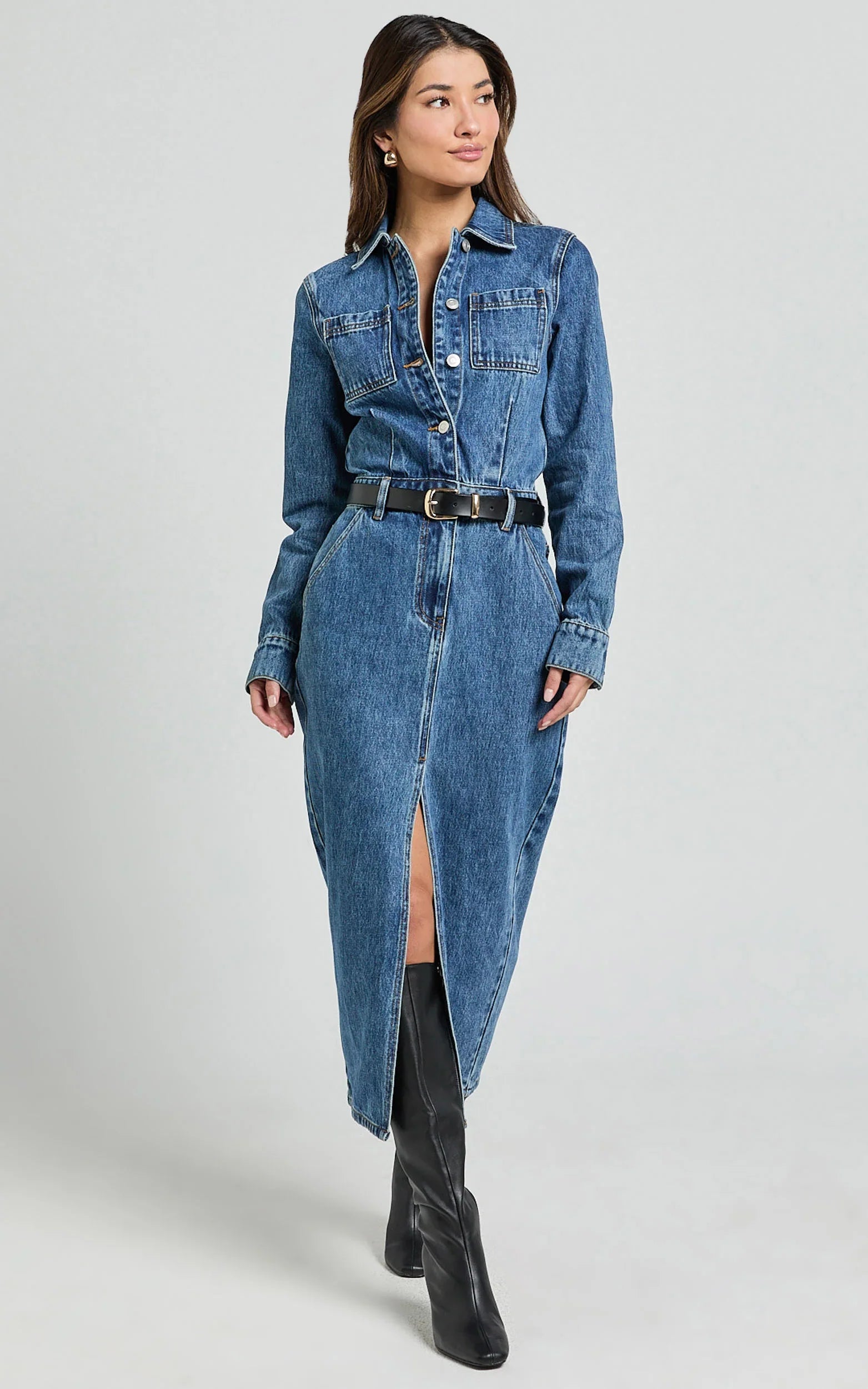 Alison Midi Dress Long Sleeve Front Split Denim Dress in Mid Blue Wash