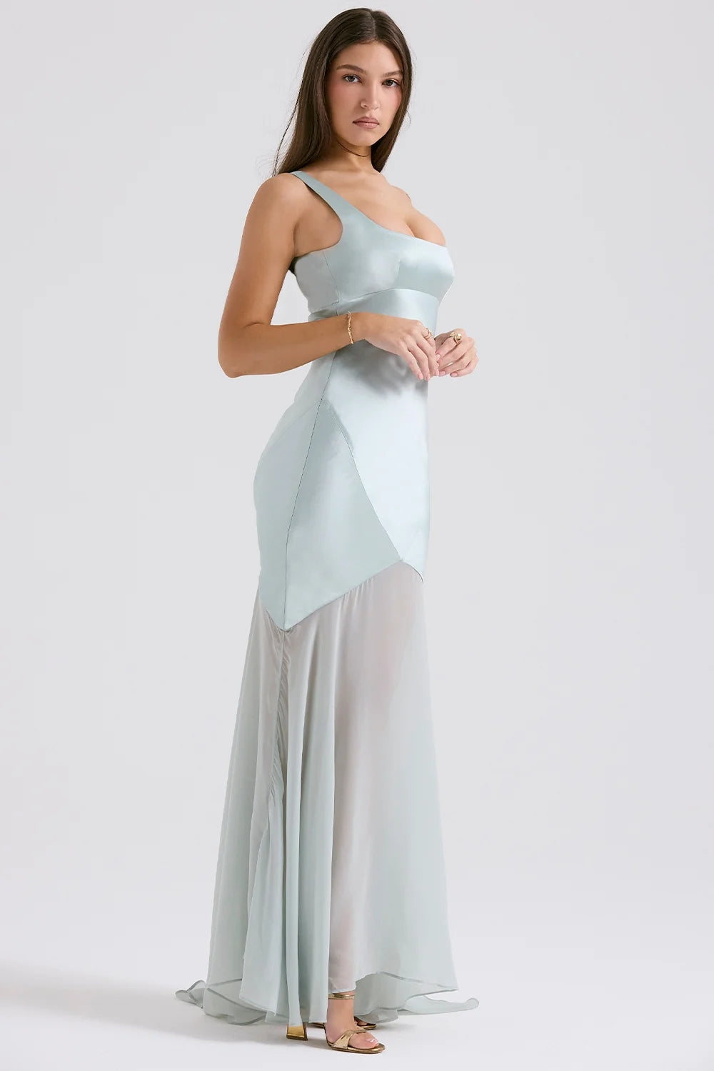 pistachio chiffon floor length gown
