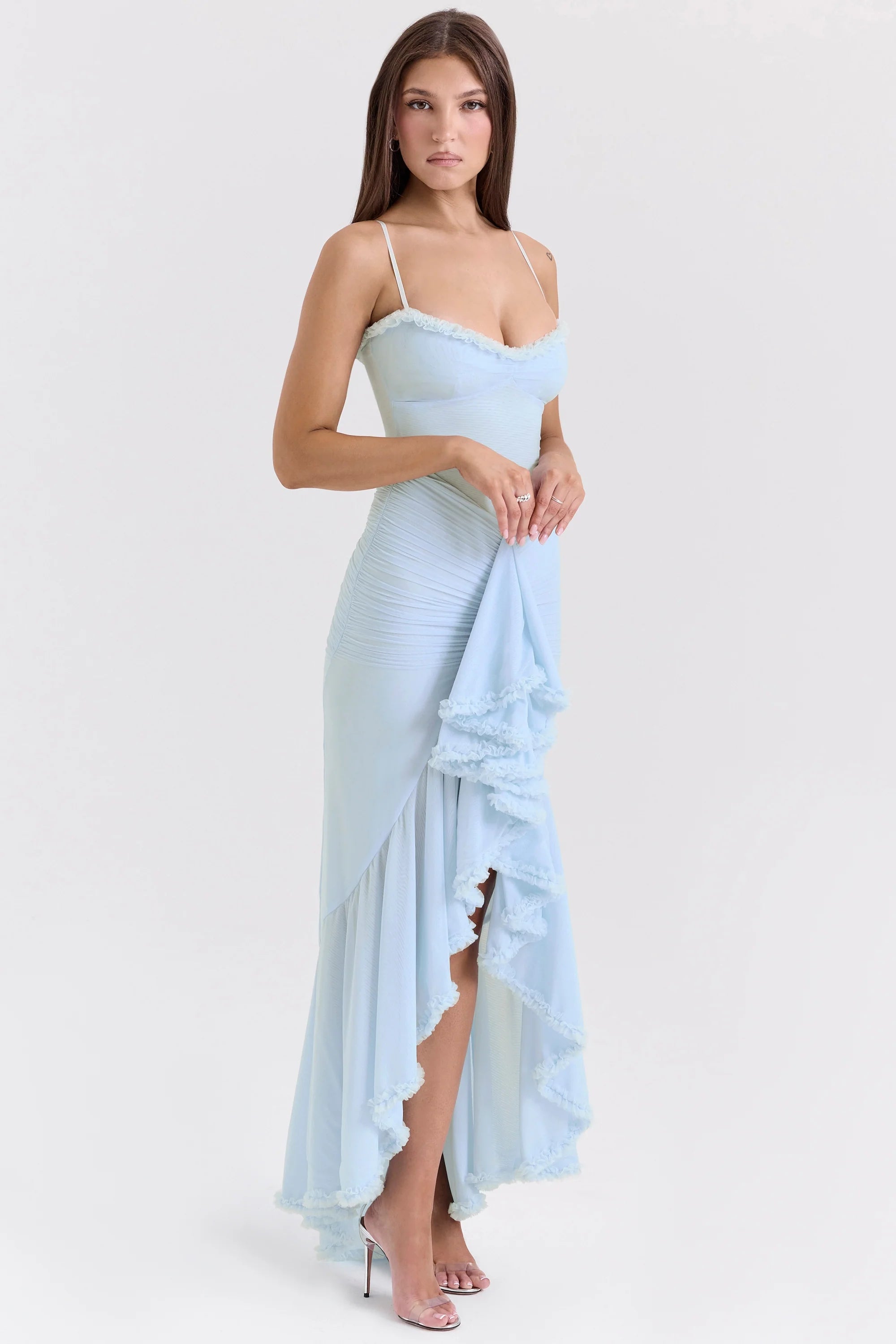 ice blue mesh ruffled front gown