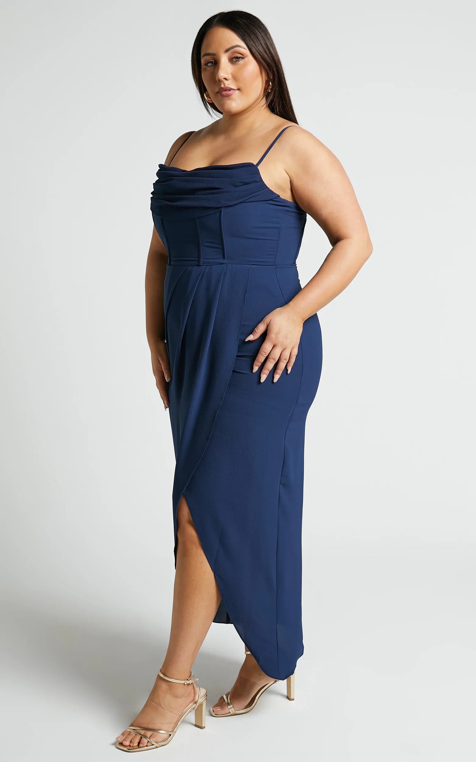 Andrina Midi Dress High Low Wrap Corset Dress in Navy
