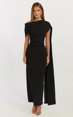 Visenta Midi Dress Asymmetrical Sleeve Dress in Black