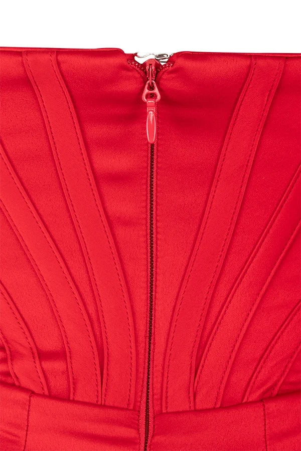 red satin off shoulder dress