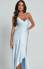 Ylona Maxi Dress Asymmetric Draped Bias Cut Satin Slip Dress in Ice Blue