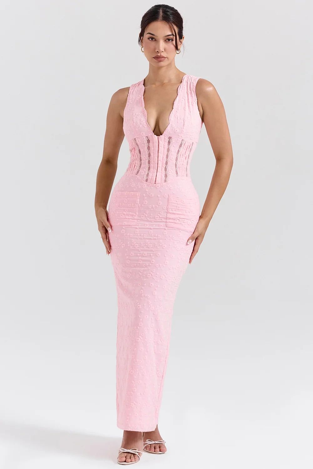 perfectly pink broderie anglais plunge maxi dress