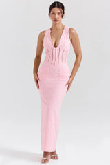 perfectly pink broderie anglais plunge maxi dress