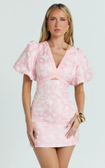 Diana Mini Dress Jacquard Short Sleeve Cut Out Dress in Light Pink