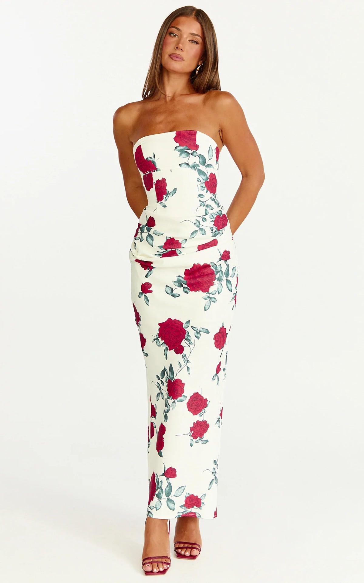 Dahlia Midi Dress Strapless Draped Cowl Waist Fitted Dress in Scarlet Rose Print