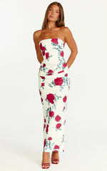 Dahlia Midi Dress Strapless Draped Cowl Waist Fitted Dress in Scarlet Rose Print