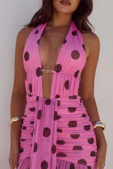 ADRIANNA PLUNGE RUCHED MAXI DRESS MUSK CHOC POLKA