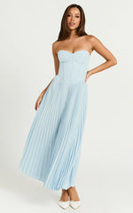 Loretta Midi Dress Lace Up Back Bustier Pleated Dress in Light Blue