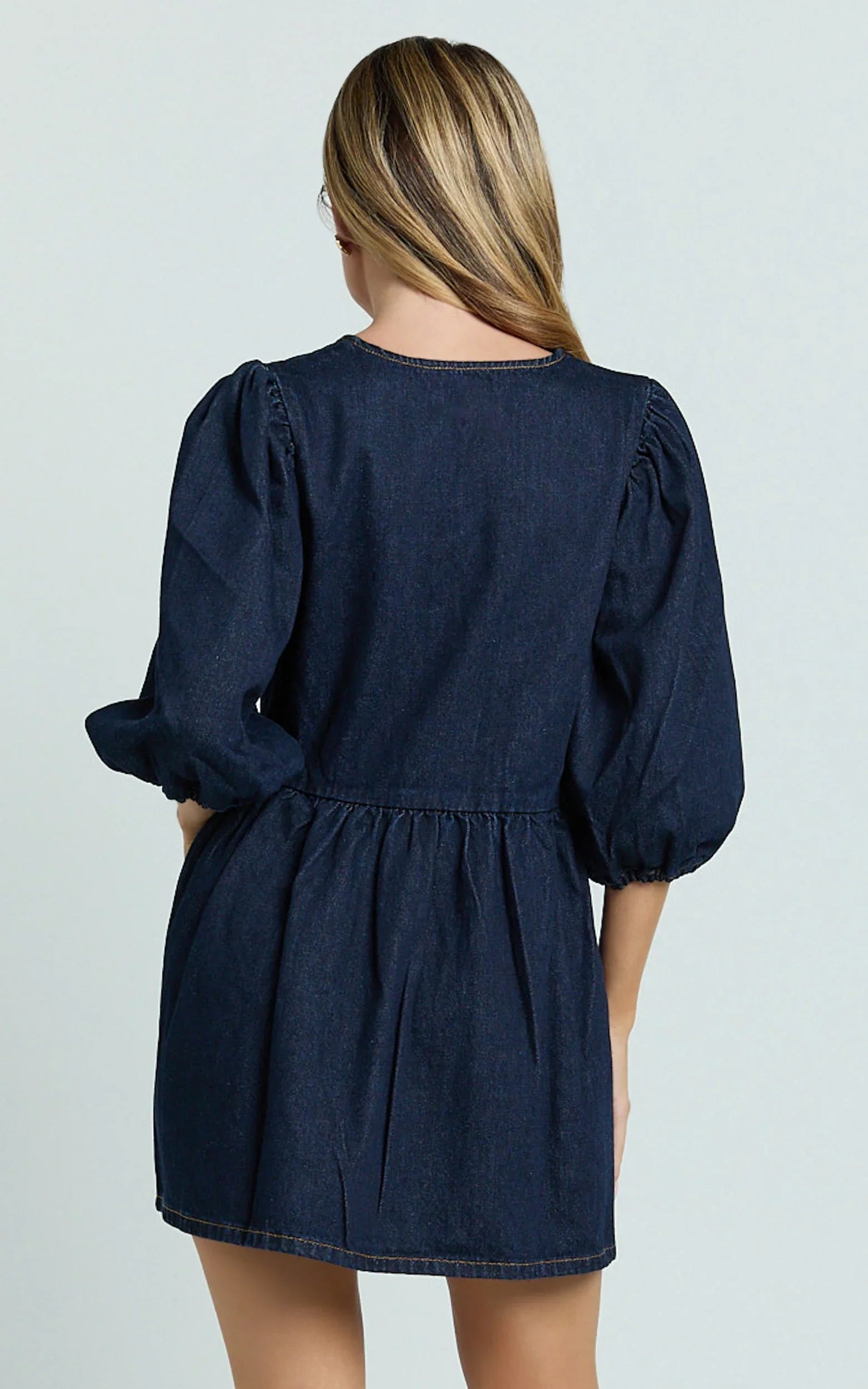 Shailene Mini Dress Tie Front Puff Sleeve Recycled Denim Dress in Raw Indigo