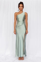 The Aurora One Shoulder Satin Maxi Dress Sage
