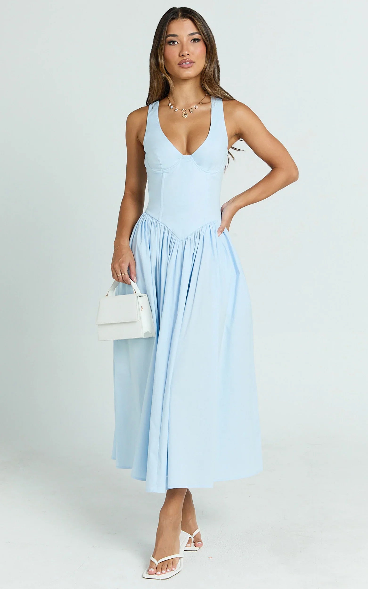 Beckett Midi Dress Scoop Neck Drop V Waist Gathered Skirt Dress in Blue
